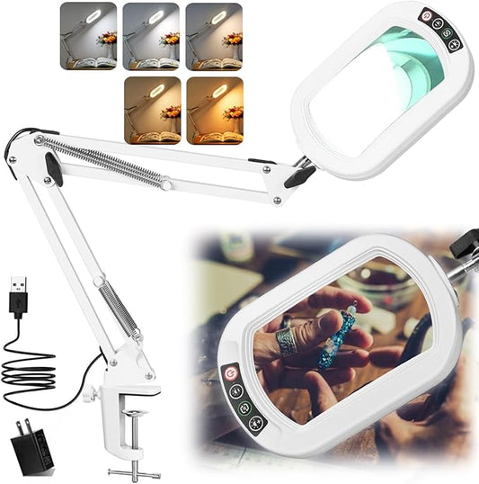 10X Rectangle Magnifying Glass with Light, 5 Color Modes Stepless Dimmable Magnifier with Stand, LED Lighted Clamp Desk Lamp with Swing Arm, Hands Free for Reading Painting Close Work - White