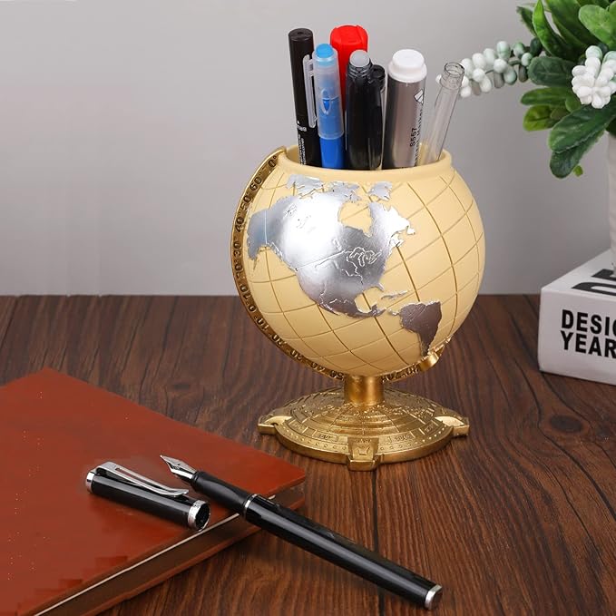 Globe Pen Holder Desk Decor Organizer Cute Cool Fun Vintage Pencil Cups Gifts for Teacher Kids Men Desk Accessories for Office Home School (Light Yellow)