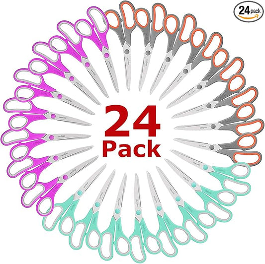 8 '' Multipurpose Heavy Duty Scissors Bulk 24-Pack, 2.5mm Thickness Ultra Sharp Blade Shears with Comfort-Grip Handles for Household School Office Supplies, Right/Left Hand Tools