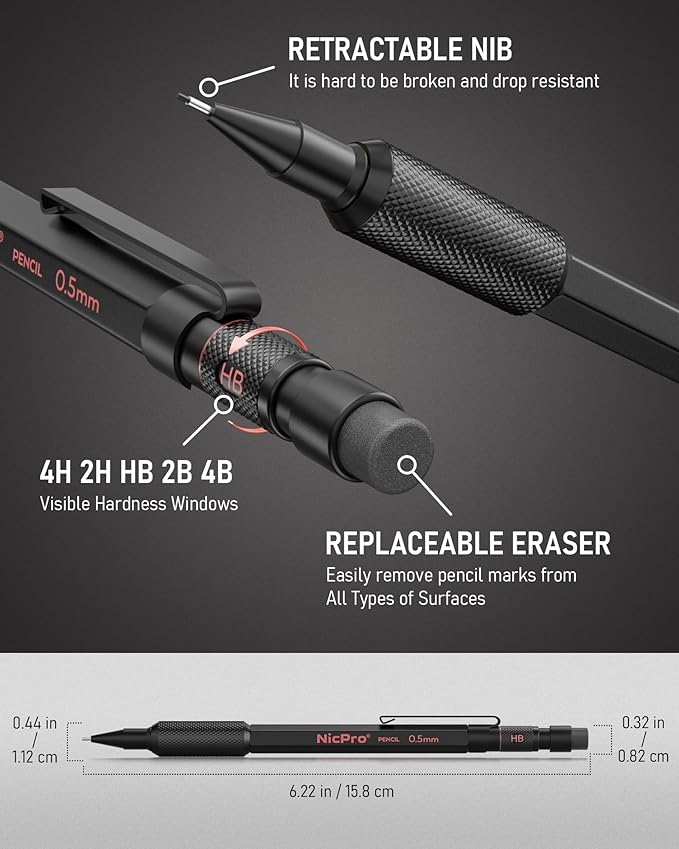 Nicpro 0.5 mm Mechanical Pencil Set with Case, 3PCS MP2000 Metal Artist Mechanical Pencil With 6 Tube HB Lead Refills, Eraser, Weatherproof Barrel for Outdoor Writing Drafting Drawing Sketching