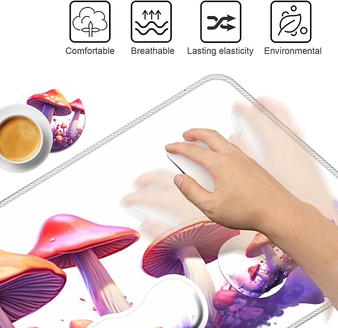 Keyboard Mouse Pad Set,Large Mouse Pad+Keyboard Wrist Rest+Wrist Support+Coaster,31.5x11.8in Extended Desk Mat for Computer Laptop Office Home-Mushrooms