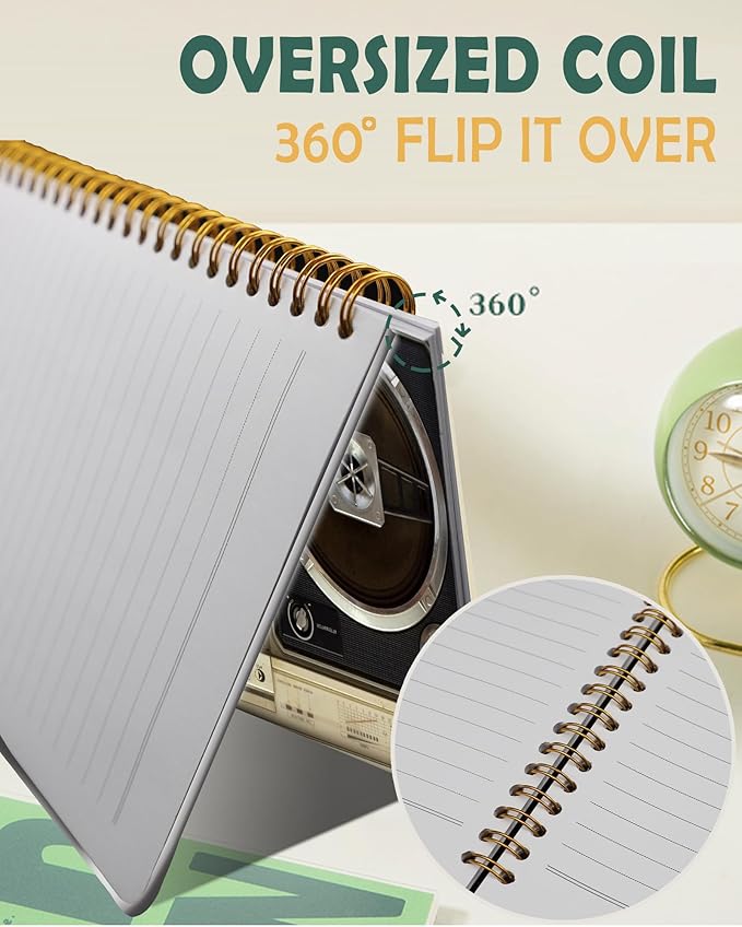 Ruled Spiral Writing Notebook,A5 Hardcover Lined College Journal for Women Lady,Fashion Puppy Watercolor Strong Twin-Wire Binding with Premium Paper,8.4" X 6",Perfect for School,Office,Home Gifts(Tape Recorder Vintage)