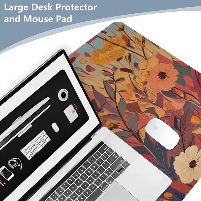 Mouse Pad Desk Mat Leather Desk Pad Large Gaming Desk Cover Protector Mat for Keyboard Computer Laptop Office Waterproof 35.4 x 16.5 Inch Autumn Poppy Flowers