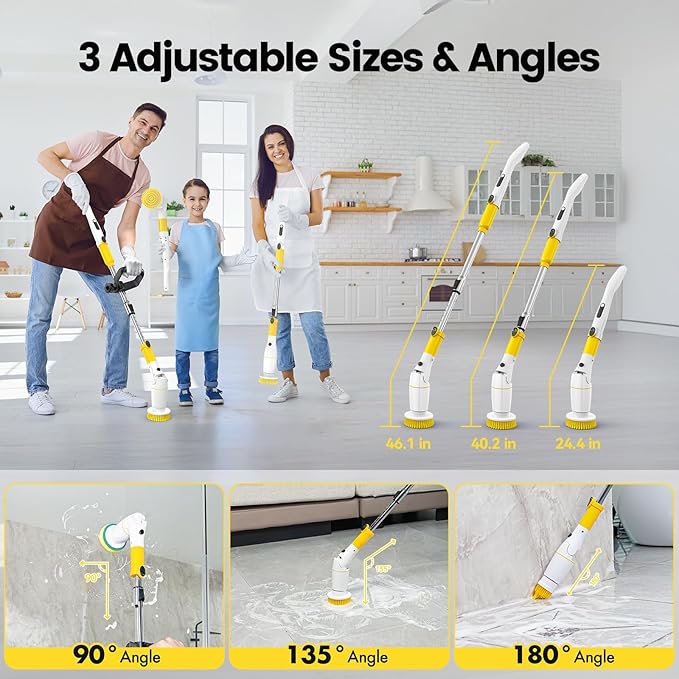 StarVal Electric Spin Scrubber, Cordless Cleaning Brush Shower Scrubber Up to 550 RPM with 9 Replaceable Brush Heads, Bathroom Scrubber Adjustable Extension Handle for Bathroom Kitchen Car (Yellow)