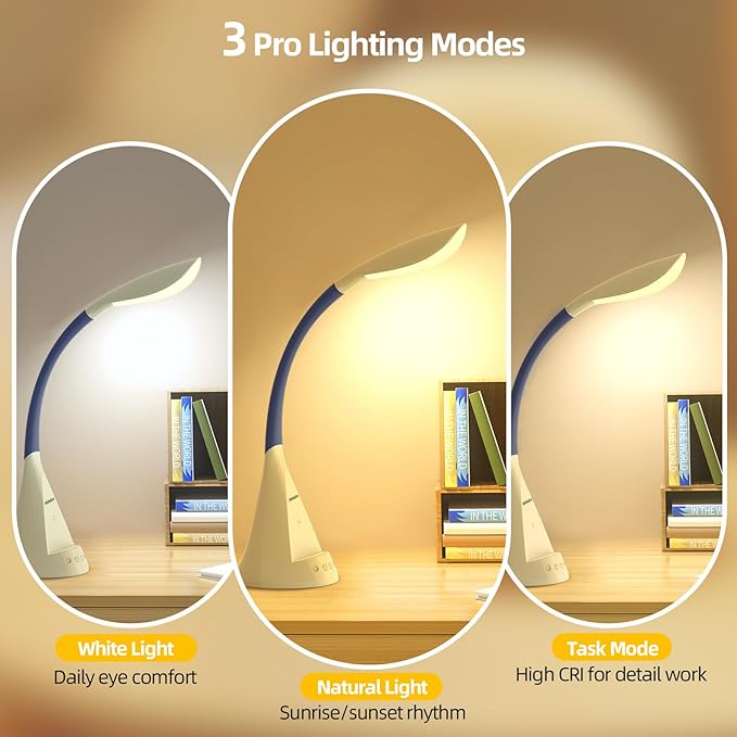 LED Desk Lamp with USB Charging Port, Dimmable Reading Light Touch Control and Eye Protection, Adjustable Brightness Table Lamp for Home Office Bedroom (White)