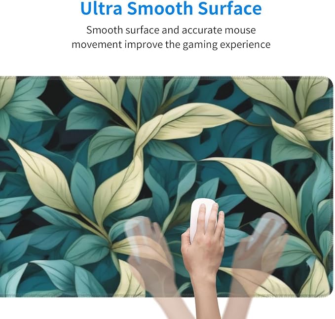 Gaming Mouse Pad, Large Non-Slip Rubber Base Mousepad, Keyboard Mouse Mat, Desk Pad with Stitched Edges, 31.5x11.8inch, Morris Leaves