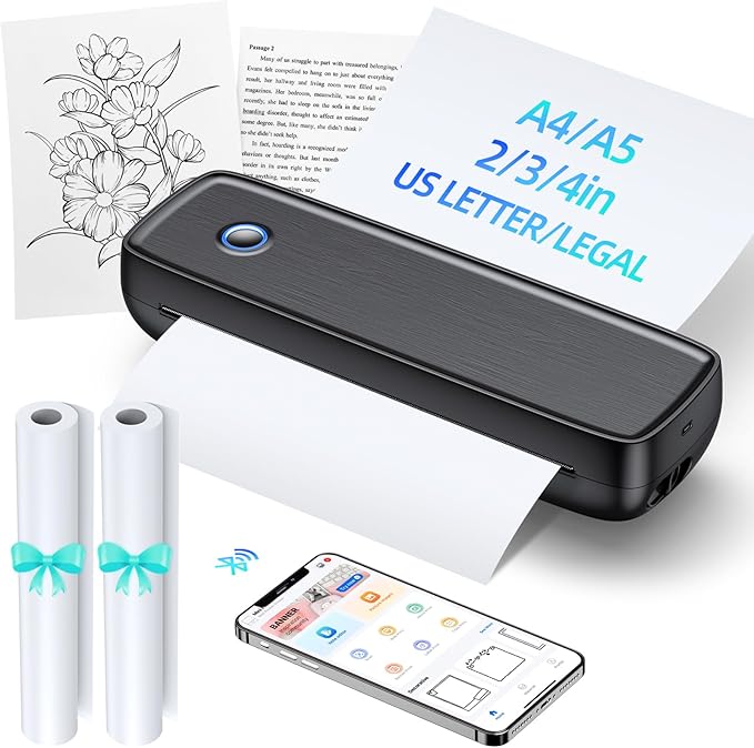 Portable Wireless for Travel - 504 DPI High Resolution Inkless Thermal Printer, 4200mAh Battery, Bluetooth & USB Compatible (A4, A5, 2/3/4", Letter, Legal) - Mini Printer for Stickers & Labels