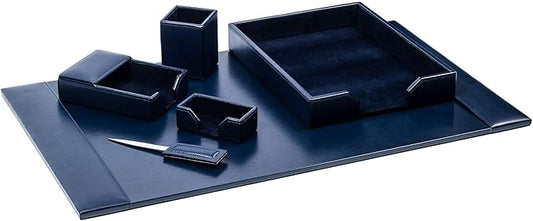 DACASSO Bonded Leather Desk Set - Luxury Leather Desk Pad & Desk Organization Essentials (Navy Blue, 6 Piece)
