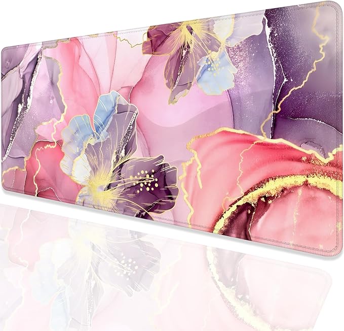 Pink Abstract Watercolor Vintage Flowers Desk Pad Mouse Pad,Floral Extended Large Gaming Mouse Mat with Stitched Edges,Non-Slip Waterproof Rubber Base Mousepad for Office Work Home(27.5X11.8 in)