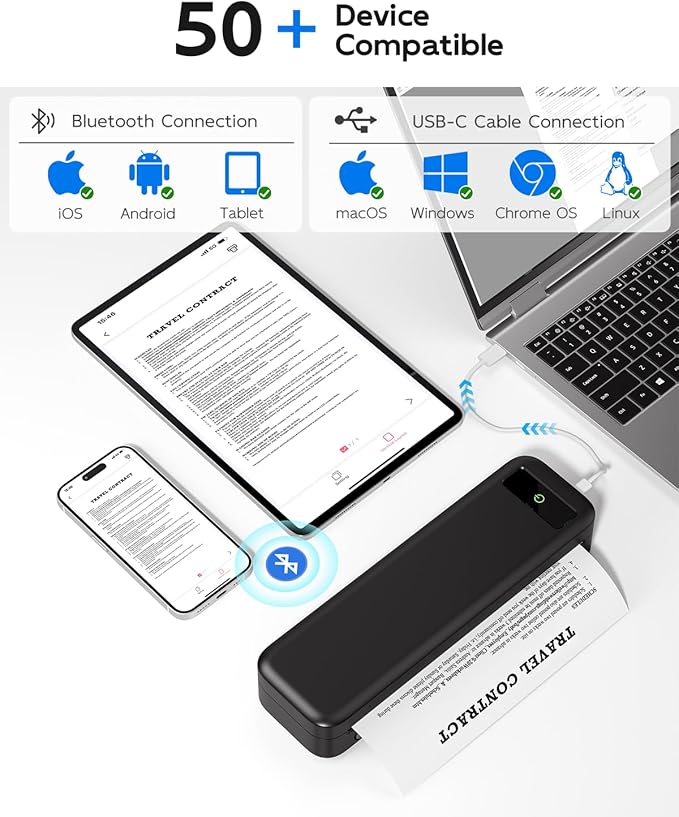 Portable Printers Wireless for Travel, Bluetooth Inkless Thermal Printer Support 8.5" X 11" US Letter, Mobile Printer for Phone Laptop, with Case and 4 Rolls Thermal Paper Kit, for Home Office Receipt