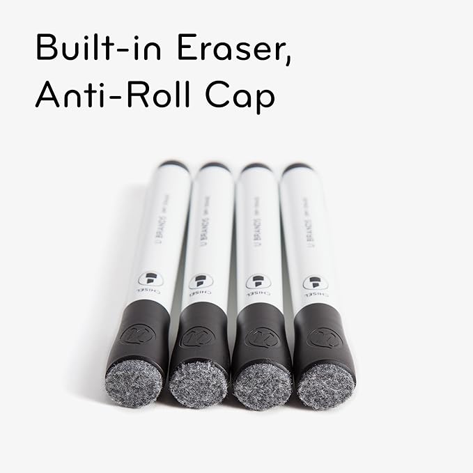 U Brands Fine Tip Dry Erase Markers with Eraser, Whiteboard Markers with Chisel tip, Low Odor, Black, Set of 12