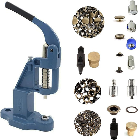 Hobby Trendy Hand Press with Rust Free Steel 50 Sets Ln24 15mm Fashion Spring Glove Snaps and 50 Sets Brass 8 mm (Nr5) Eyelets, Matching Dies and Hole Punches (Bronze Supplies, Blue Press)