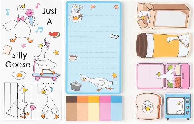 B1ykin Sticky Notes Set, Cartoon Theme Cute Self-Stick Notes Pad Teacher Appreciation Gifts, Self-Adhesive Writing Memo Pages Sticky to Do Notepad Thank You Gift for School (Funny Silly Goose)