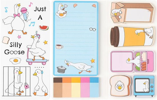 B1ykin Sticky Notes Set, Cartoon Theme Cute Self-Stick Notes Pad Teacher Appreciation Gifts, Self-Adhesive Writing Memo Pages Sticky to Do Notepad Thank You Gift for School (Funny Silly Goose)