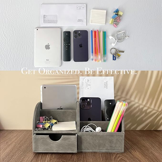 UnionBasic Desk Organizer, Multi-functional Leather Desktop Office Organizer, Pen Holder - Business Card/Pen/Pencil/Mobile Phone/Stationery Holder Storage Box, Taiga Dark Grey