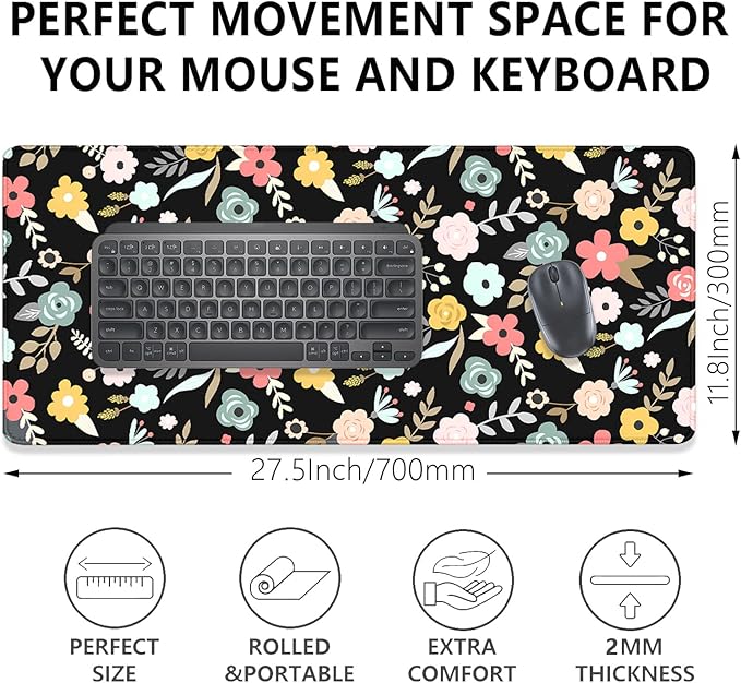 Black Cartoon Flowers Desk Pad Mouse Pad,Floral Prints Extended Large Gaming Mouse Mat with Stitched Edges,Non-Slip Waterproof Rubber Base Mousepad for Office Work Home Desk Mat(27.5X11.8 in)