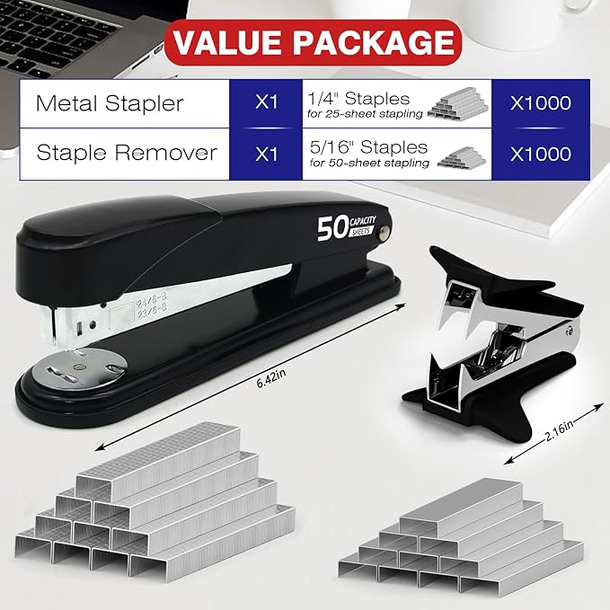 Metal Stapler Heavy Duty 50 Sheet Capacity with 2000 Staples and Staple Remover, No Jam, Non-Slip Stapler for Desk, Black Office Supplies for Teacher, Office Clerks