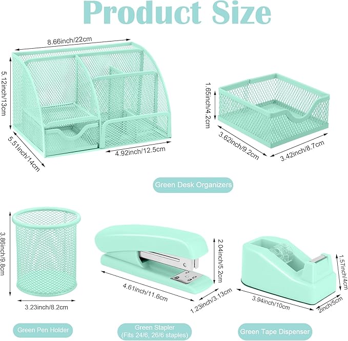 Green Desk Organizers and Accessories, Teal Office Supplies Set Green Mesh Desk Organizer, Stapler, Tape Dispenser, 1000 Staples, Staple Remover, Pen Holder, Clips Set, Ruler, Scissors