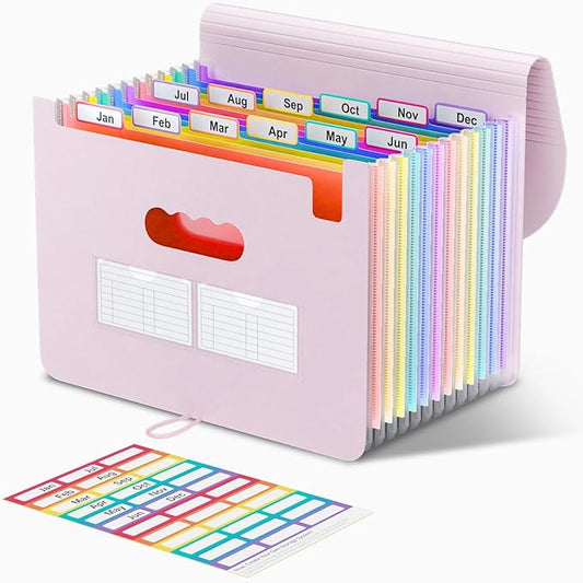 ThinkTex Accordion File Organizer, 12 - Pocket Expanding File Folders for Paper Receipts, Bills&Taxes Organizer, Letter/A4 Size Document Holder for School, Office, Home with tabs-Pinkish Purple