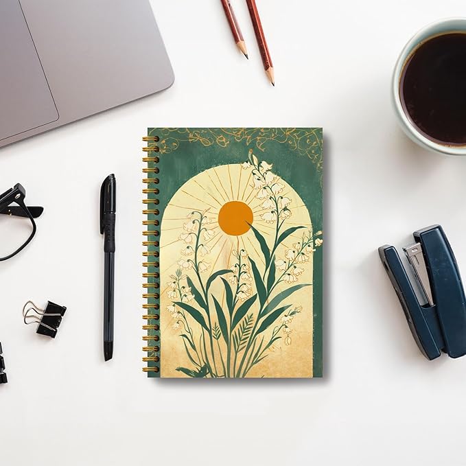 Boho Floral Emerald Green Notebook Journal, Boho Lily of the Valley Botanical Sun Notebooks Journal, Aesthetic Notebooks, Journal Notebooks for Note Taking, Spiral Notebook 5.5x8.3 Inch