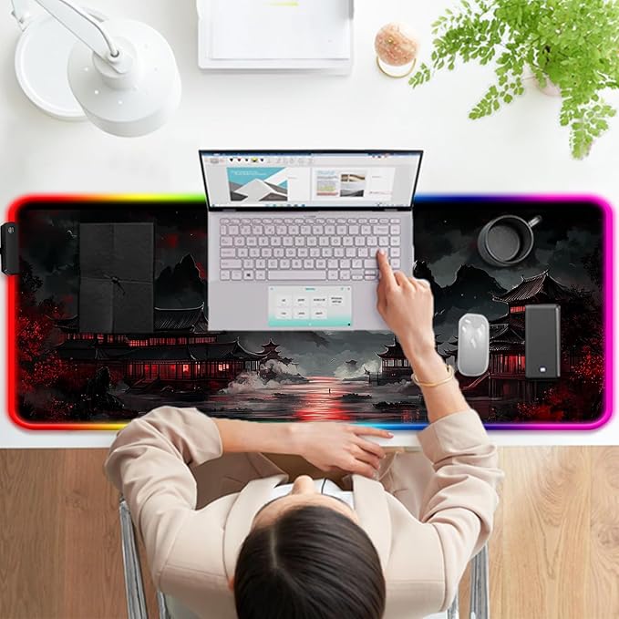 RGB Japanese Dreamy Lakescape Full Moon Gaming Desk Mat, Computer Keyboard Large Extended Long LED Mouse Pad for Office and Home, XL (W07)