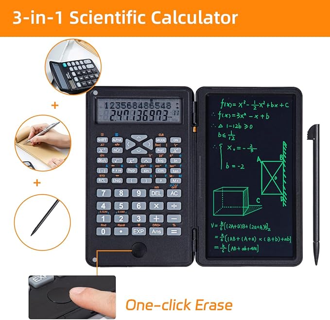 Scientific Calculator with Writing Pad, 240 Computing Functions, Foldable Case, HD Screen, Anti-Deletion Lock & One-Click Clear, Perfect for School, Finance & Engineering (Black)