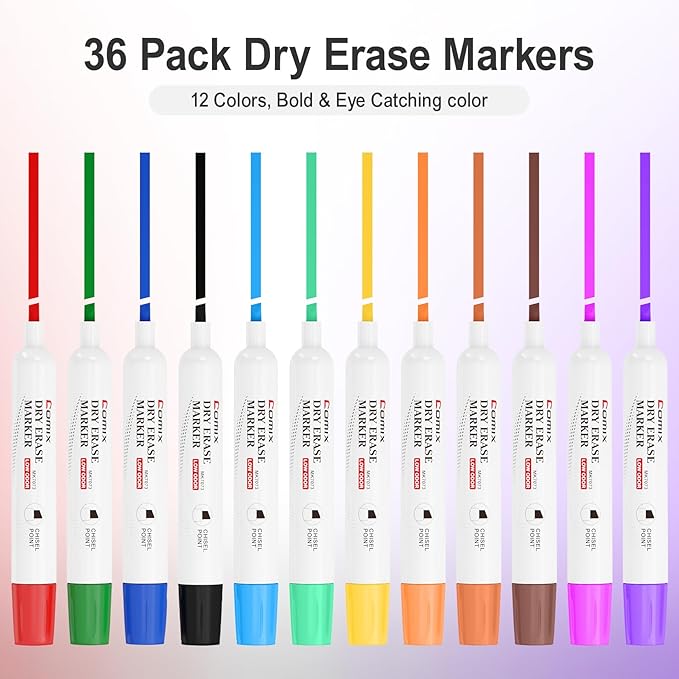 Comix Dry Erase Markers, Chisel Tip White Board Markers, 36 Count 12 Assorted Colors Low Odor Markers for Kids Teachers Office & School Supplies
