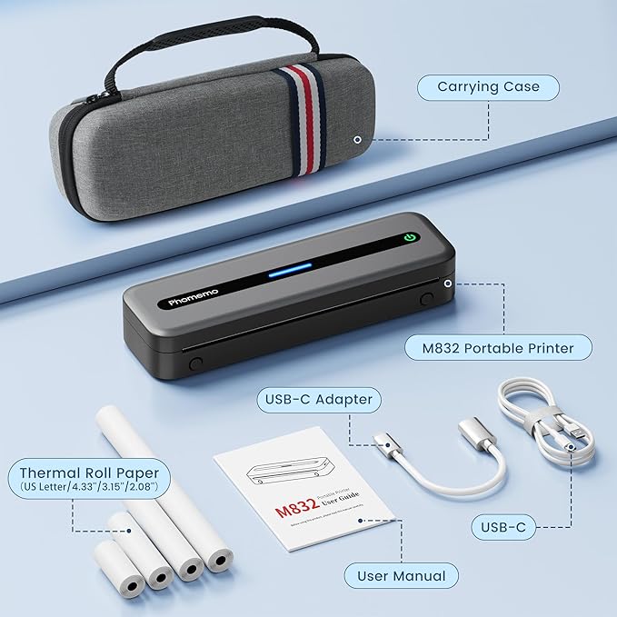 Phomemo Portable Thermal Printer, M832 Inkless Portable Printers Wireless for Travel, Bluetooth Mobile Printer Support 8.5'' x 11'' Letter & A4 Size, with Carry Case and 4 Rolls of Thermal Paper Kit