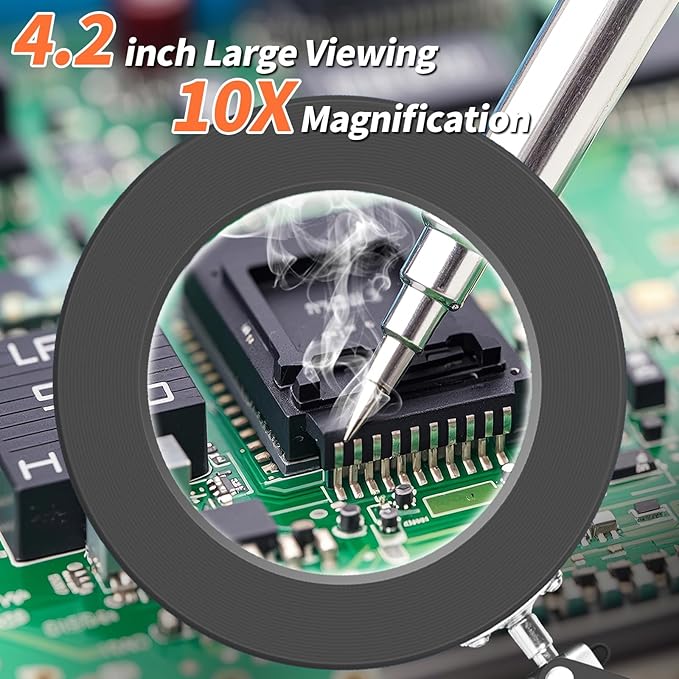 HITTI 10X Magnifying Glass with Light and Stand, Stepless Dimming 3 Color Modes LED Magnifier Lighted Glass, Hands Free Desk Lamp with Clamp for Reading Repair Crafts Close Work