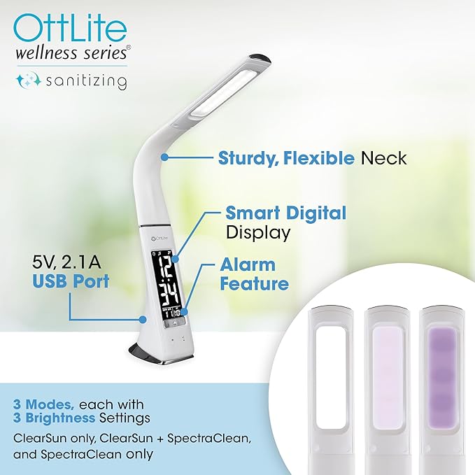 OttLite Thrive LED Sanitizing Desk Lamp with Clock and USB Charging - Eliminates up to 99.9% of Bacteria, Touch Activated, Flexible Neck, Modern Light for Reading, Crafting & Office Desktop