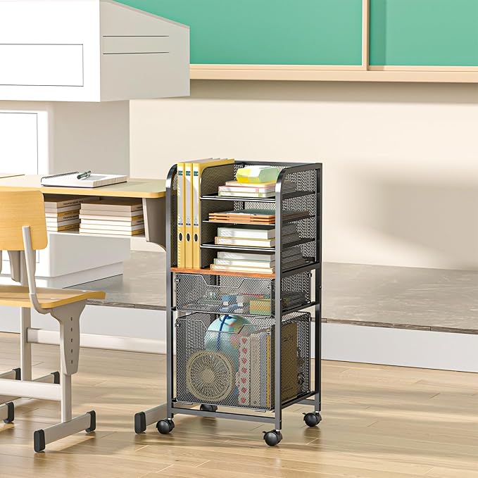 6-Tier Rolling File Cart with 2 Drawers, File Cabinet Organizer for Hanging File Folders, Letter-Size File Storage with Wheels, Multi-Layer Mobile Filing Cabinet for Office and Home