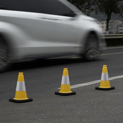 Fluorescent Orange/Green PVC Traffic Cones, Heavy Black Base Parking Lot Cone Structurally Stable Weatherproof Road Construction Safety Cones (8, Yellow, 12" Small)