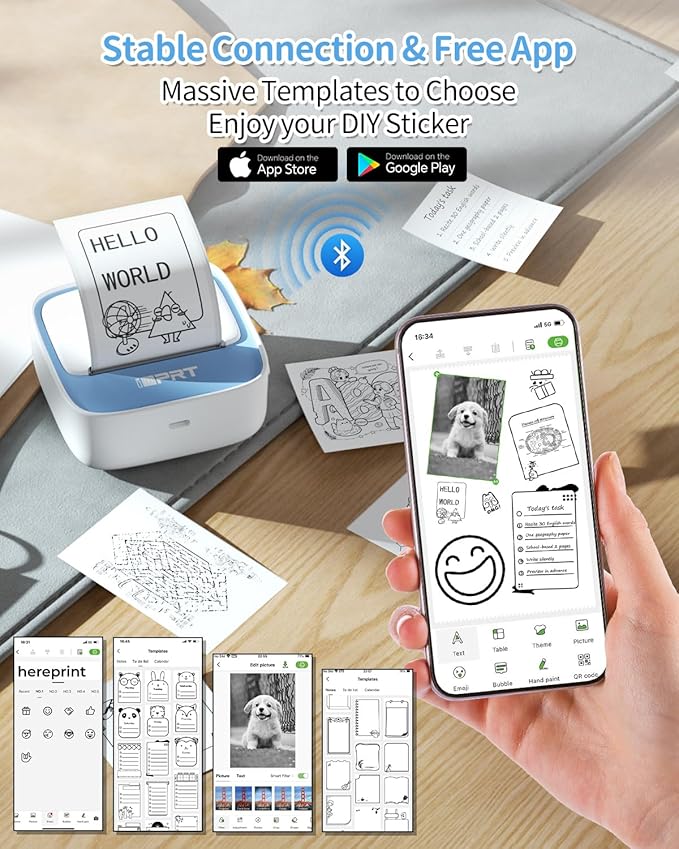 iDPRT Sticker Maker, Portable Thermal Printer with 1 Roll Sticker Paper, Bluetooth Inkless Printer Mini Label Maker for Study, DIY, Notes, Mini Label Maker with Multiple Template in Free App (Blue)