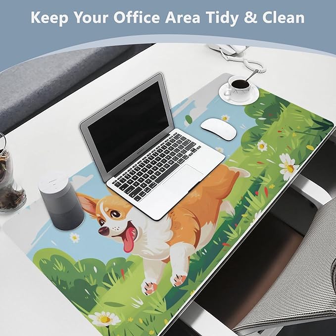 Mouse Pad Desk Mat Leather Desk Pad Large Gaming Desk Cover Protector Mat for Keyboard Computer Laptop Office Waterproof 47.2 x 23.6 Inch Cute Corgi Dog Floral