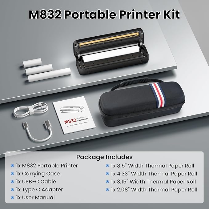 Phomemo Portable Printers Wireless for Travel, M832 Inkless Bluetooth Thermal Printer Support 8.5'' x 11'' US Letter & A4 Size, Compatible with iPhone Android Laptop for Mobile Office Home, with Case