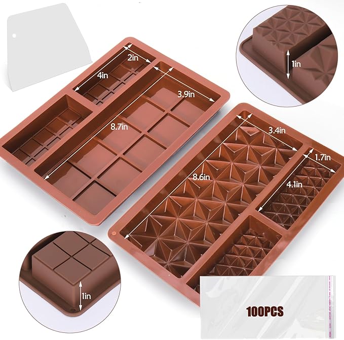 Palksky Chocolate Bar Mold Deep, 2Pack Silicone Chocolate Molds with Grid & Diamond Shapes for Homemade Chocolates, Silicone Molds for Making Pistachio Chocolate Bars, Treats & Desserts
