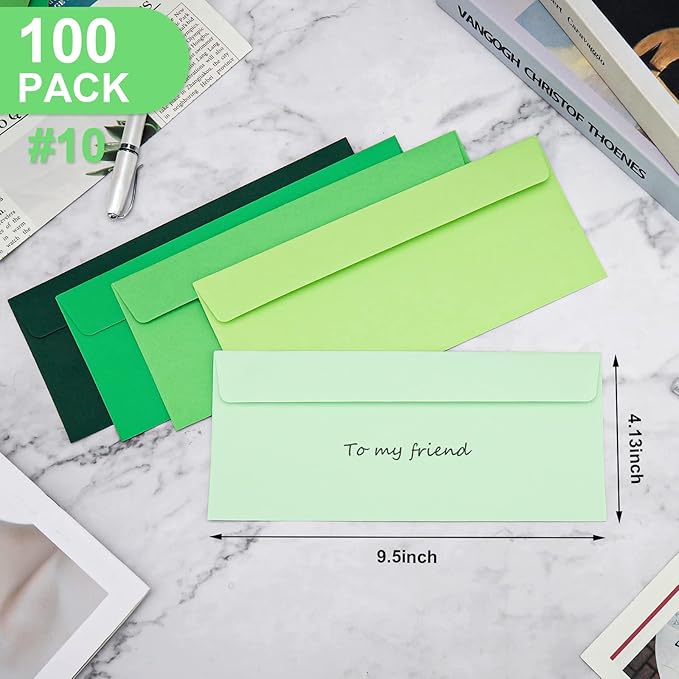 100 Pack Shade of Sage Green Envelopes #10 Business Envelopes Self adhesive 4-1/8 x 9-1/2 in Square Flap Mailing Envelopes for Office, Business Letterhead, Invoices, Personal Mailing, Letters
