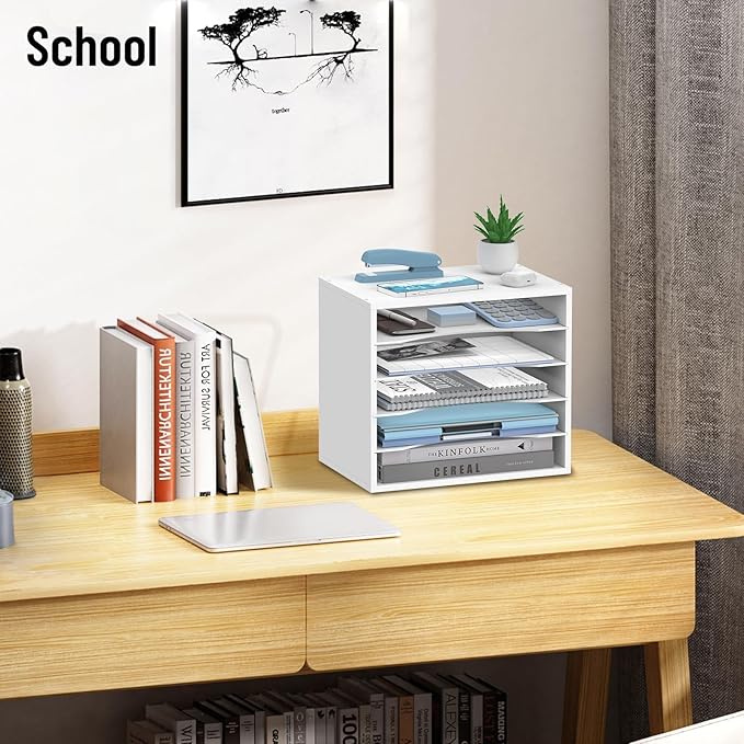 5-Tier Wood Desk Organizer, Paper Tray Organizer for Desk with Adjustable Storage Shelves, Desktop Paper Sorter Mail Holder for Office Home Classroom, White