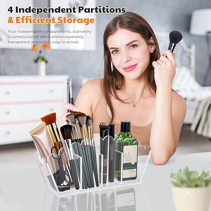 Scalloped Acrylic Pencil Holder – Clear Desk Organizer with 4 Compartments – Makeup Brush Holder & Remote Caddy for Office, Bathroom, Table – Party Accessory