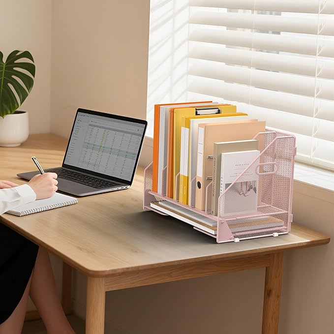 Desk File Folder Holder Organizer-5 Vertical Compartments Racks and Paper Letter Tray,Mesh Magazine File Holder Sorter,Desktop Accessories & Workspace Organizers for Home,Office,School-Pink
