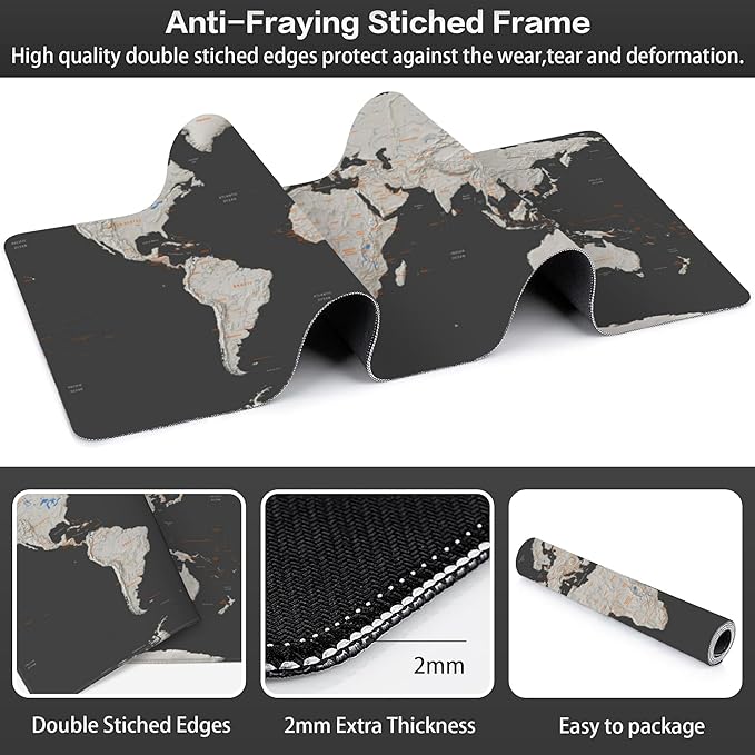 Desk Mat, Vintage World Map Extended Large Gaming Mouse Pad XXL, Non-Slip Rubber Base Stitched Edges Long Computer Keyboard Desk Pad Mouse Mat for Home Office Gaming 35.4"X15.7"