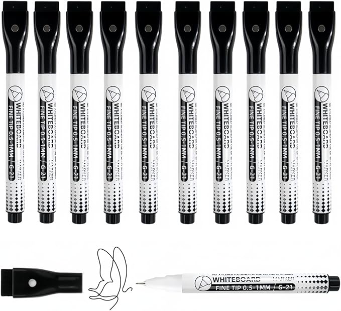 Black Dry Erase Markers Fine Tip,0.5mm Ultra Fine Dry Erase Markers,10pcs Whiteboard Markers,with Magnetic Eraser,Small Font Writing for Calendar Notebook Note Pad (Black)