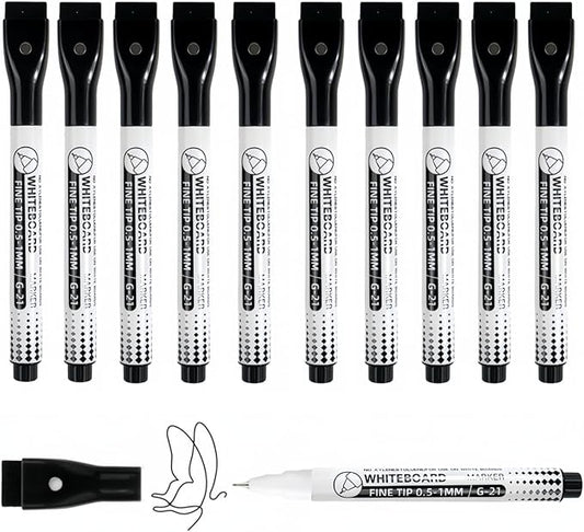 Black Dry Erase Markers Fine Tip,0.5mm Ultra Fine Dry Erase Markers,10pcs Whiteboard Markers,with Magnetic Eraser,Small Font Writing for Calendar Notebook Note Pad (Black)
