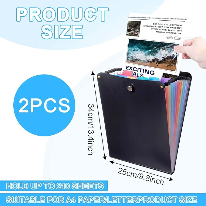 2 Pcs Expanding File Folder, 13 Pockets Vertical File Folder Accordion File Organizer, A4 Letter Size Paper Document Receipt Organizer Accordion Filing Folder for Classroom, Home, Office and Travel