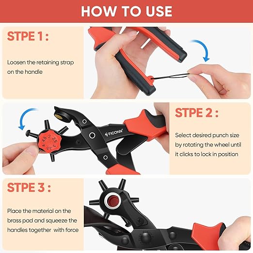 TICONN Leather Hole Punch Tool Set, Heavy Duty Multi-Size Hole Puncher Tool for Belts, Watch Bands, Plastic, Fabric