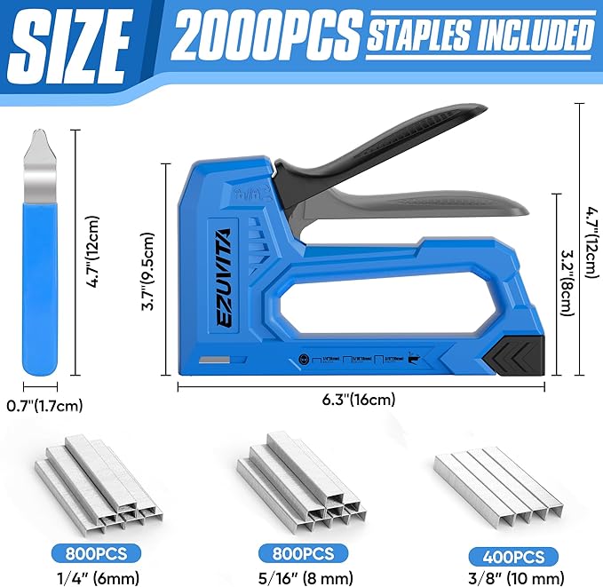 Light Duty Staple Gun for Wood, Blue Upholstery Staple Gun Kit with 2000pcs JT21 Staples 1/4, 5/16, 3/8 inch and Staple Remover, Stapler Gun for Crafts, DIY, Classroom, Decoration