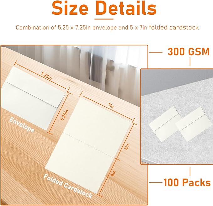 100 Packs Cream Blank Cards and Envelopes 5 x 7 Off White Heavyweight Folded Cardstock and A7 Envelopes Printable Self Seal for Wedding Invitations, Greeting Cards, Party