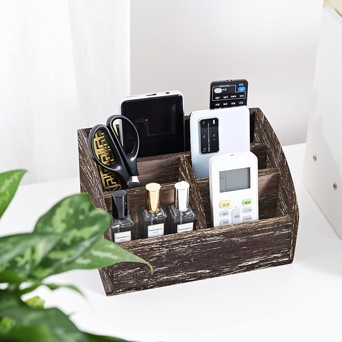 Wood Desk Organizer, Solid Wooden Dark Brown Pen Holder for Desktop Organizer, No Need Assembly, Home Office Supplies Workspace Organizers Mail Holder Remote Control Countertop Storage Box