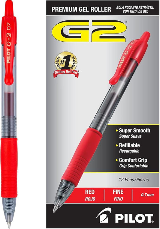 Pilot G2 Premium Gel Roller Pens, Fine Point 0.7 mm, Red Pens, Pack of 12 - Ideal for School, Journaling & Office Writing