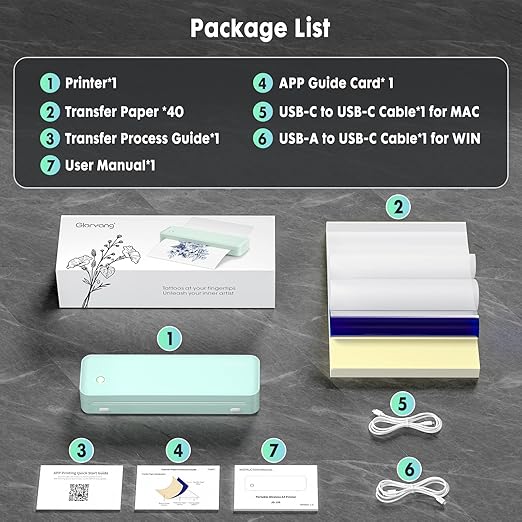 Wireless Tattoo Transfer Stencil Printer, Portable Thermal Tattoo Machine for Tattoo Beginners with 40pcs Stencil Paper, Compatible with Smartphone & PC, Rechargeable & Inkless, Light Green